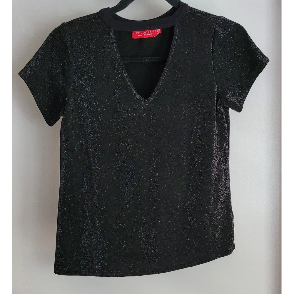 n: PHILANTHROPY T-Shirt Women XS Black V-Cut-out Shimmering Top Made USA
